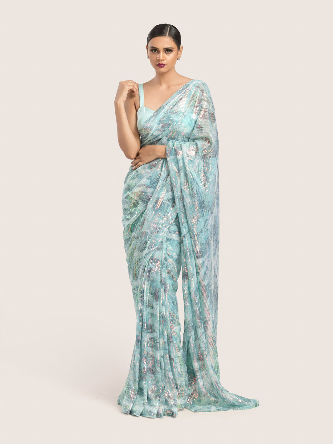 Sky Blue Printed Sequins Saree With Blouse Fabric