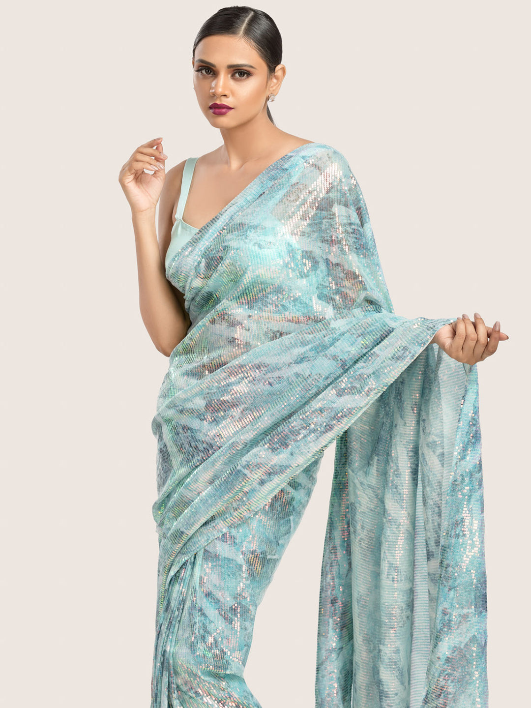 Sky Blue Printed Sequins Saree With Blouse Fabric