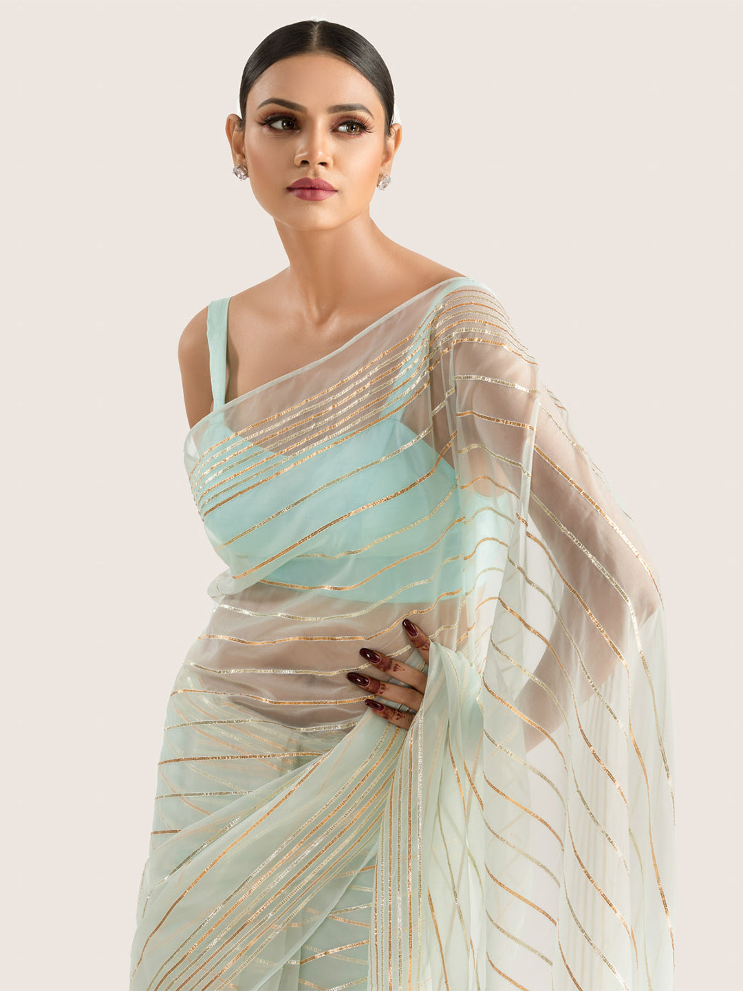 Mint Blue Organza Saree With Blouse Fabric