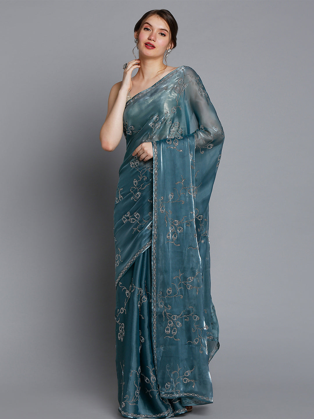 Greyish Blue Tissue Saree With Floral Embroidery