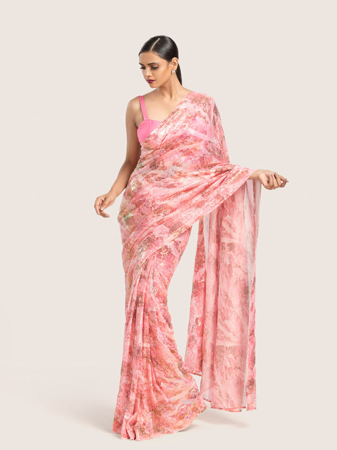 Rose Pink Printed Sequins Saree With Blouse Fabric
