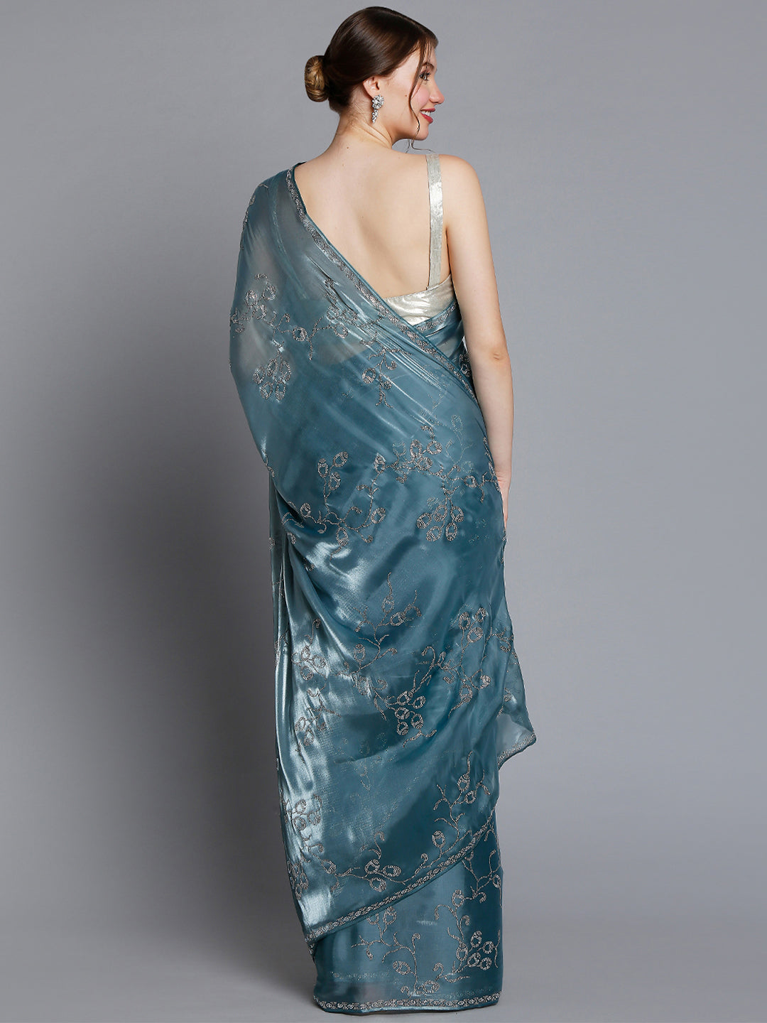 Greyish Blue Tissue Saree With Floral Embroidery