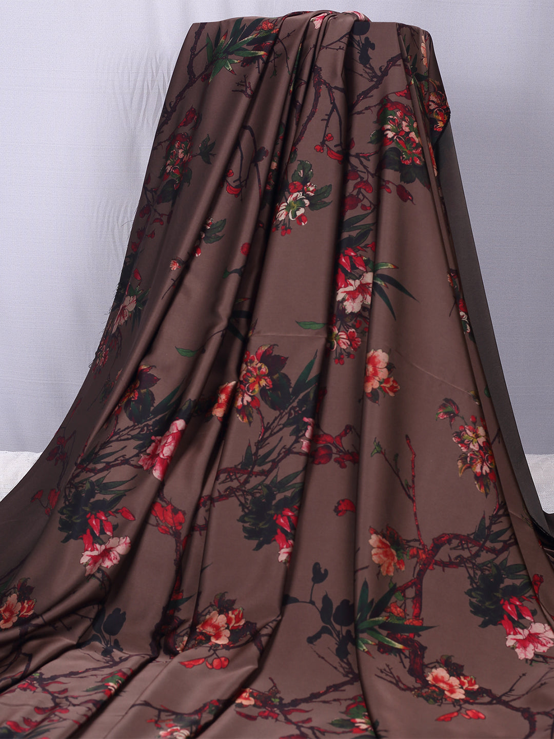 Brown Floral Print On Imported Satin Fabric