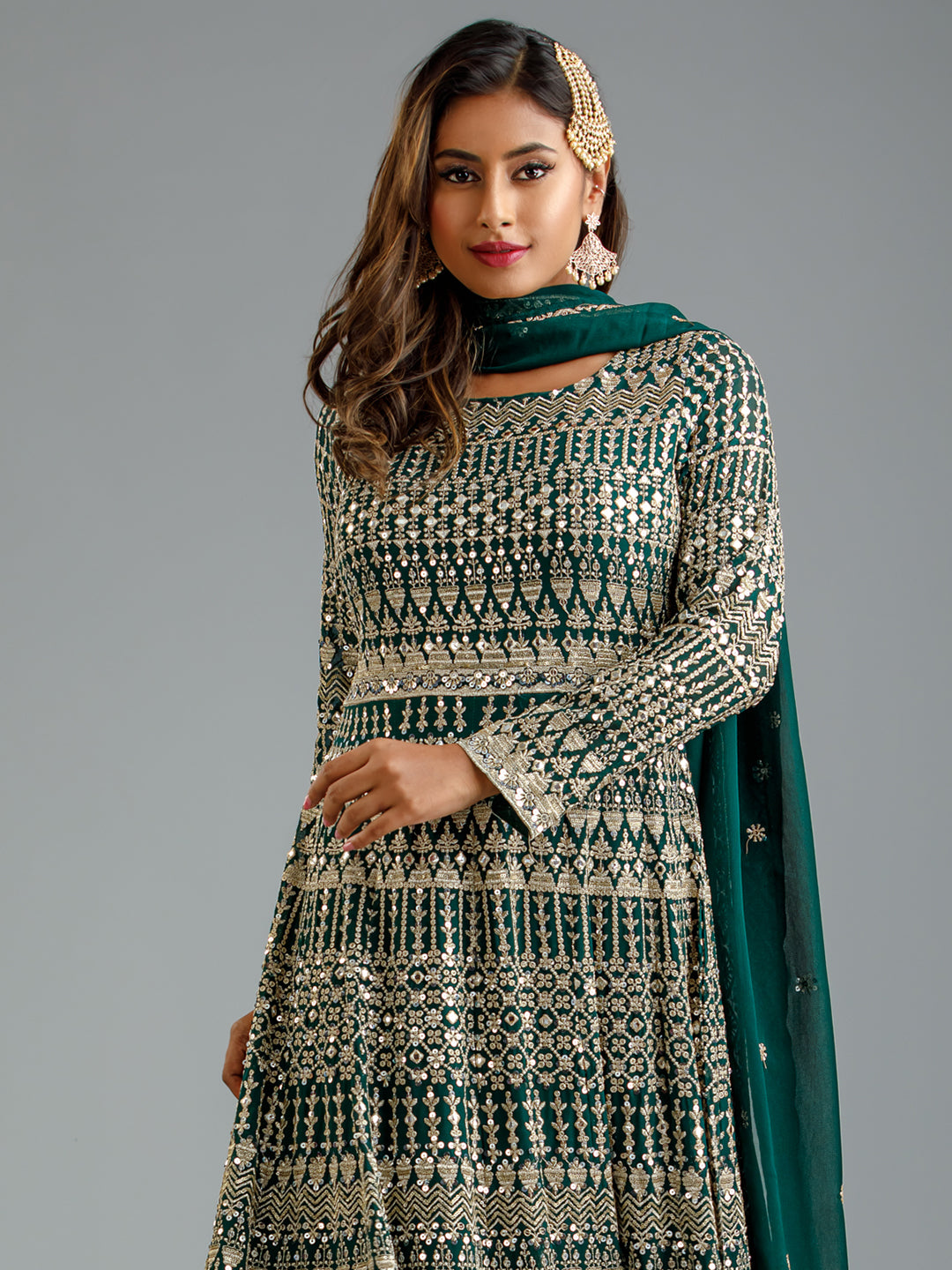 Ethnic Gowns | Dark Green GOWN With Golden Work All Over Gown | Freeup