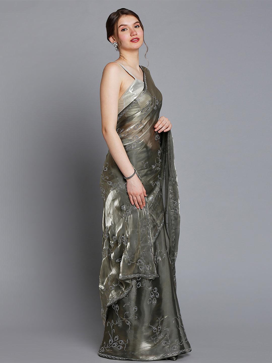 Dark Grey Soft Tissue Saree With Floral Embroidery