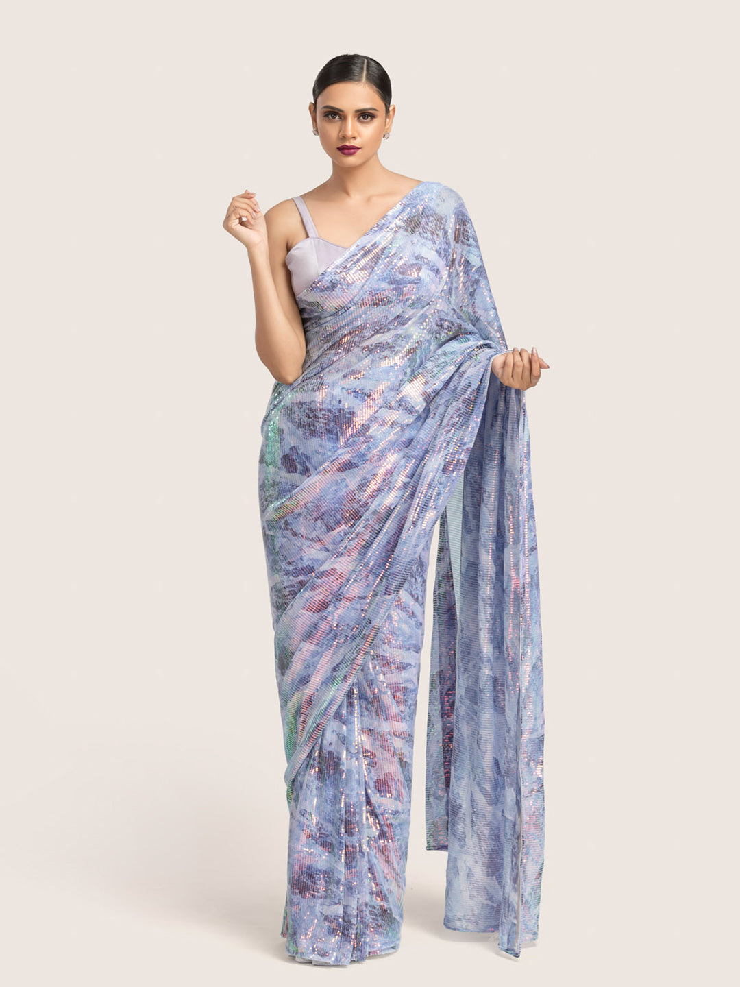 Lavender Printed Sequins Saree With Blouse Fabric