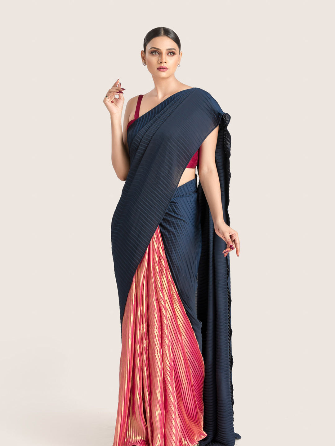 Navy Blue & Pink Half & Half Pleated Satin Georgette Saree With Blouse Fabric