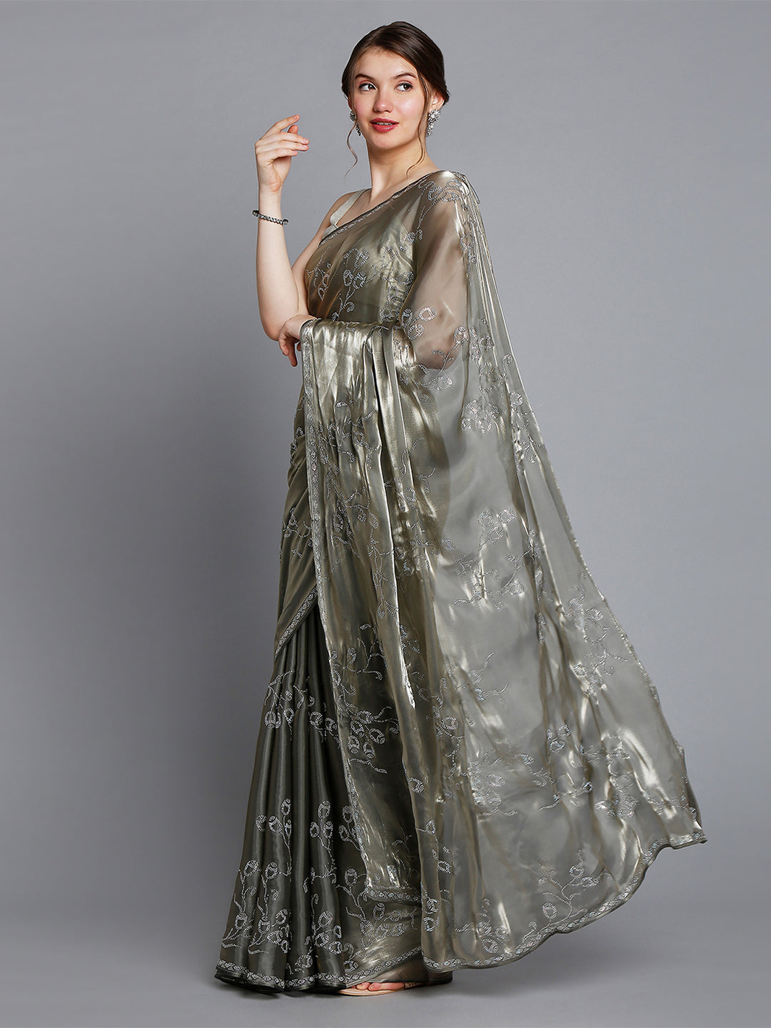 Dark Grey Soft Tissue Saree With Floral Embroidery