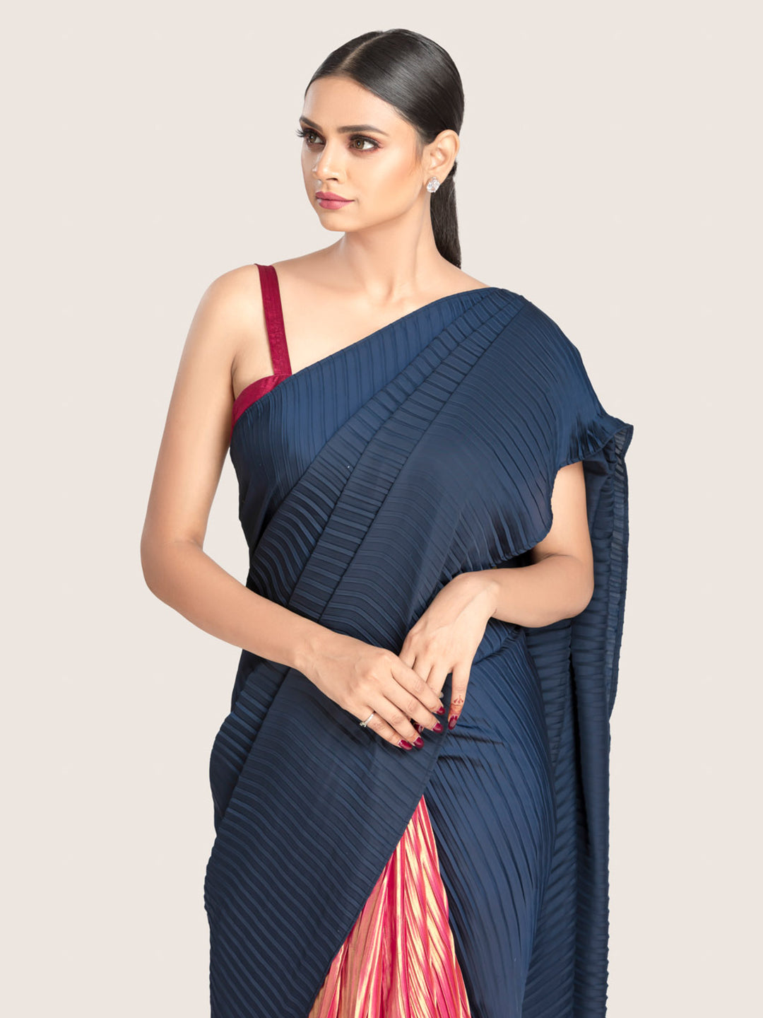 Navy Blue & Pink Half & Half Pleated Satin Georgette Saree With Blouse Fabric