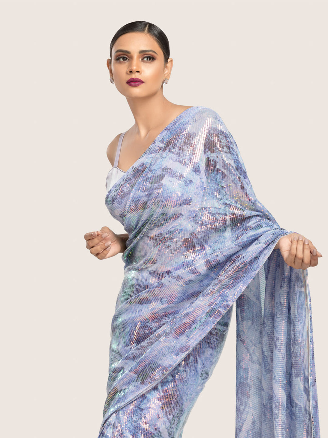 Lavender Printed Sequins Saree With Blouse Fabric