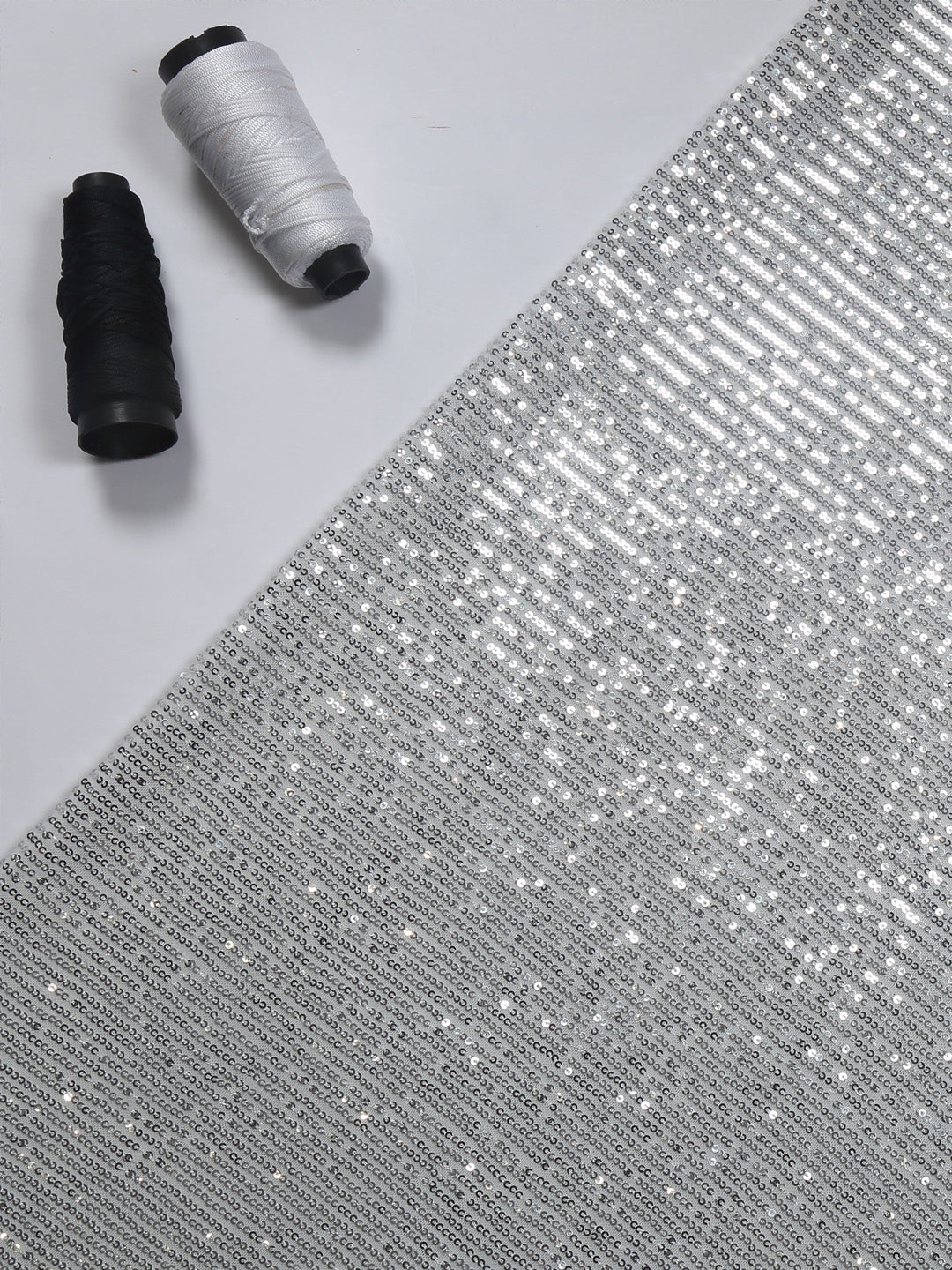Grey Stretchable Net Fabric With Sequin