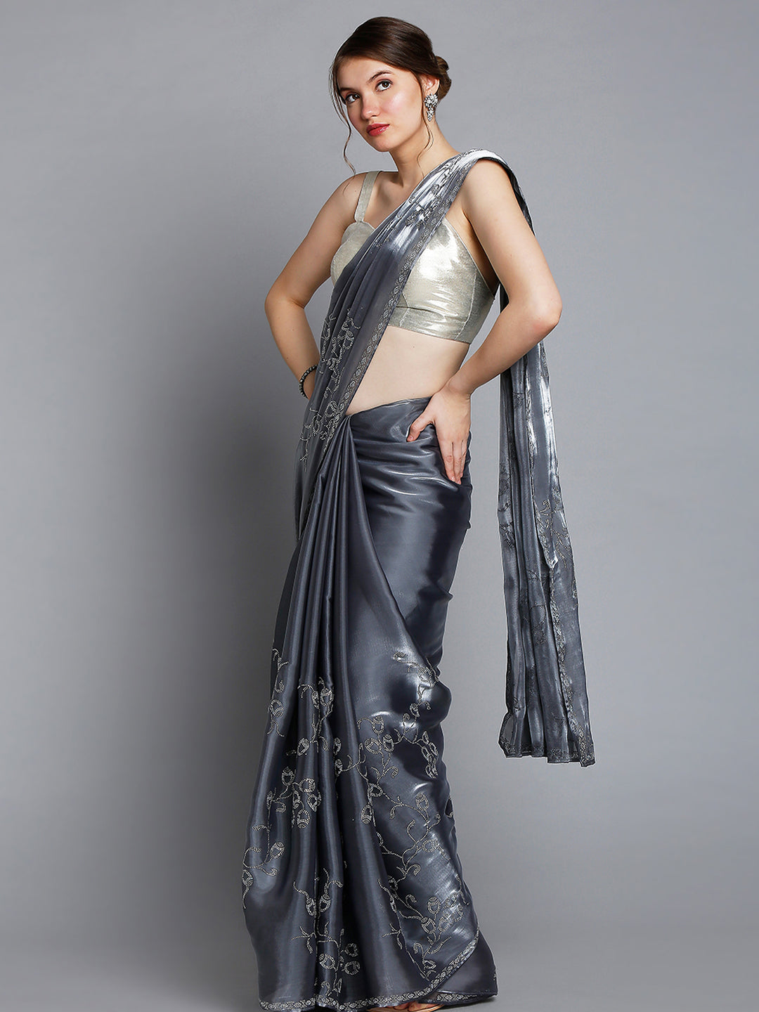 Grey Soft Tissue Saree With Floral Embroidery