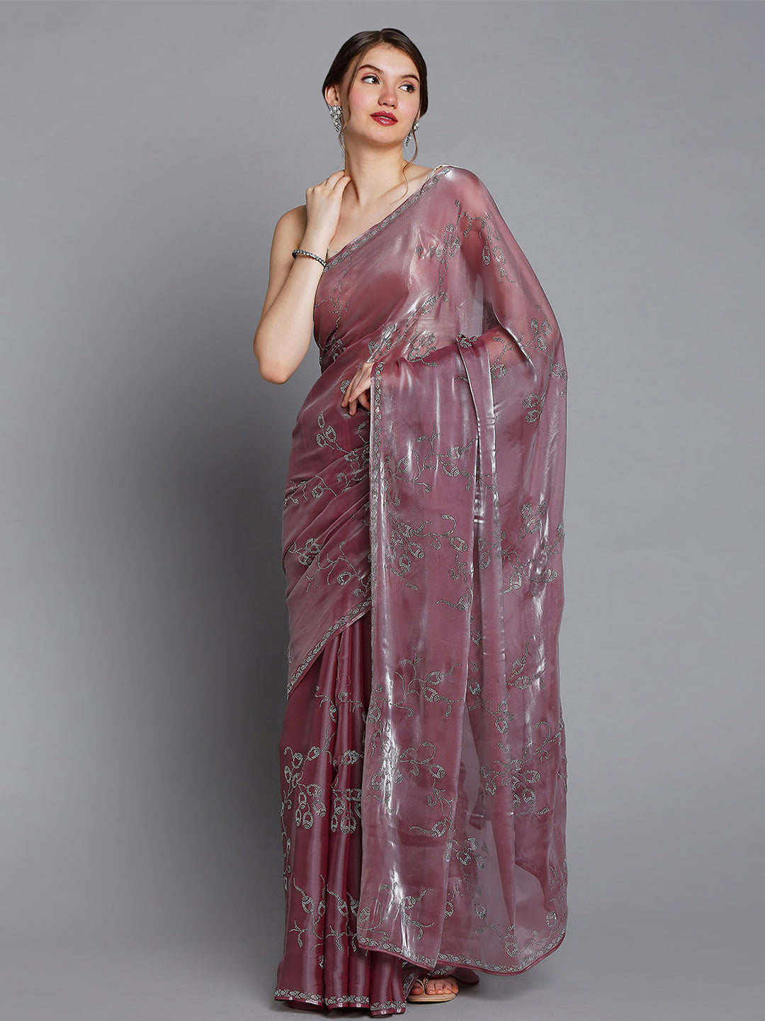 Wine Soft Tissue Saree With Floral Embroidery