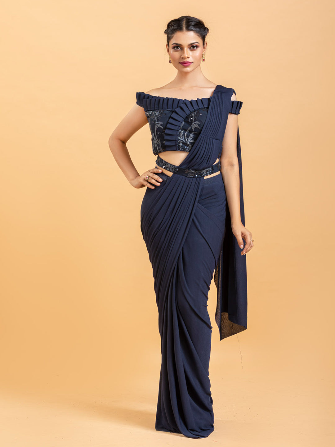 Red Drape Lycra Saree With Off Shoulder Sequin Blouse – Tirumala Designers