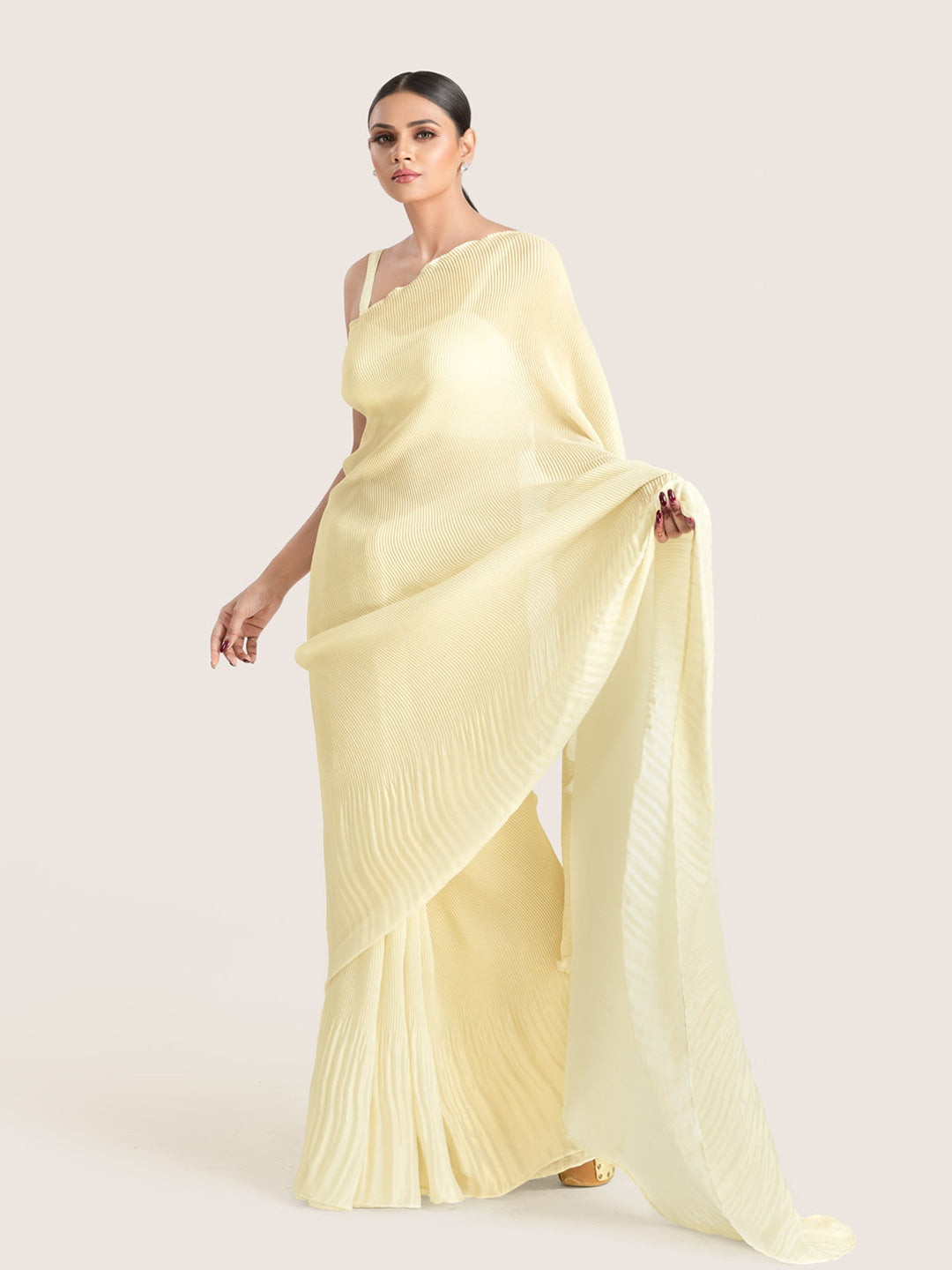 Cream Pleated Shimmer Satin Georgette Saree With Blouse Fabric