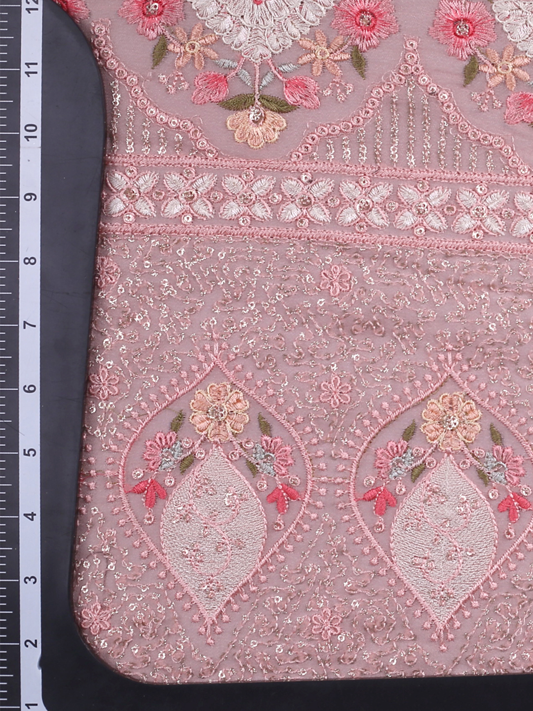Peach Lucknowi Embroidered Georgette Fabric With Multi Color Thread & Sequins Work