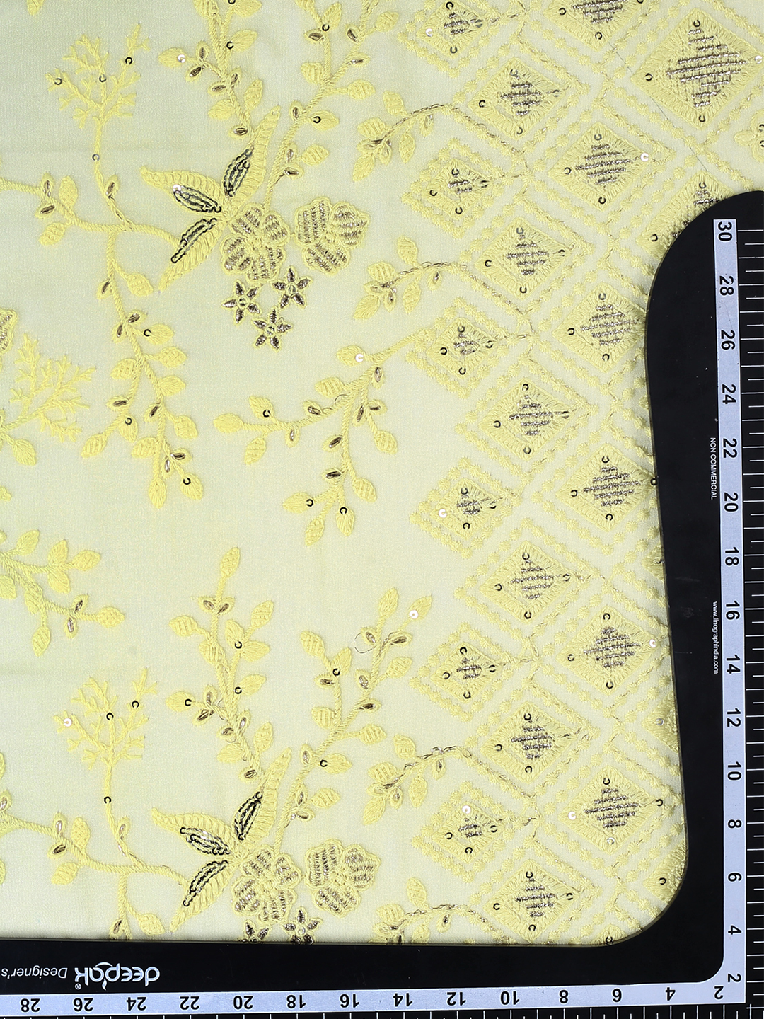 Lemon Yellow & blue Shaded Lucknowi Georgette Fabric With Sequin & Zari Work