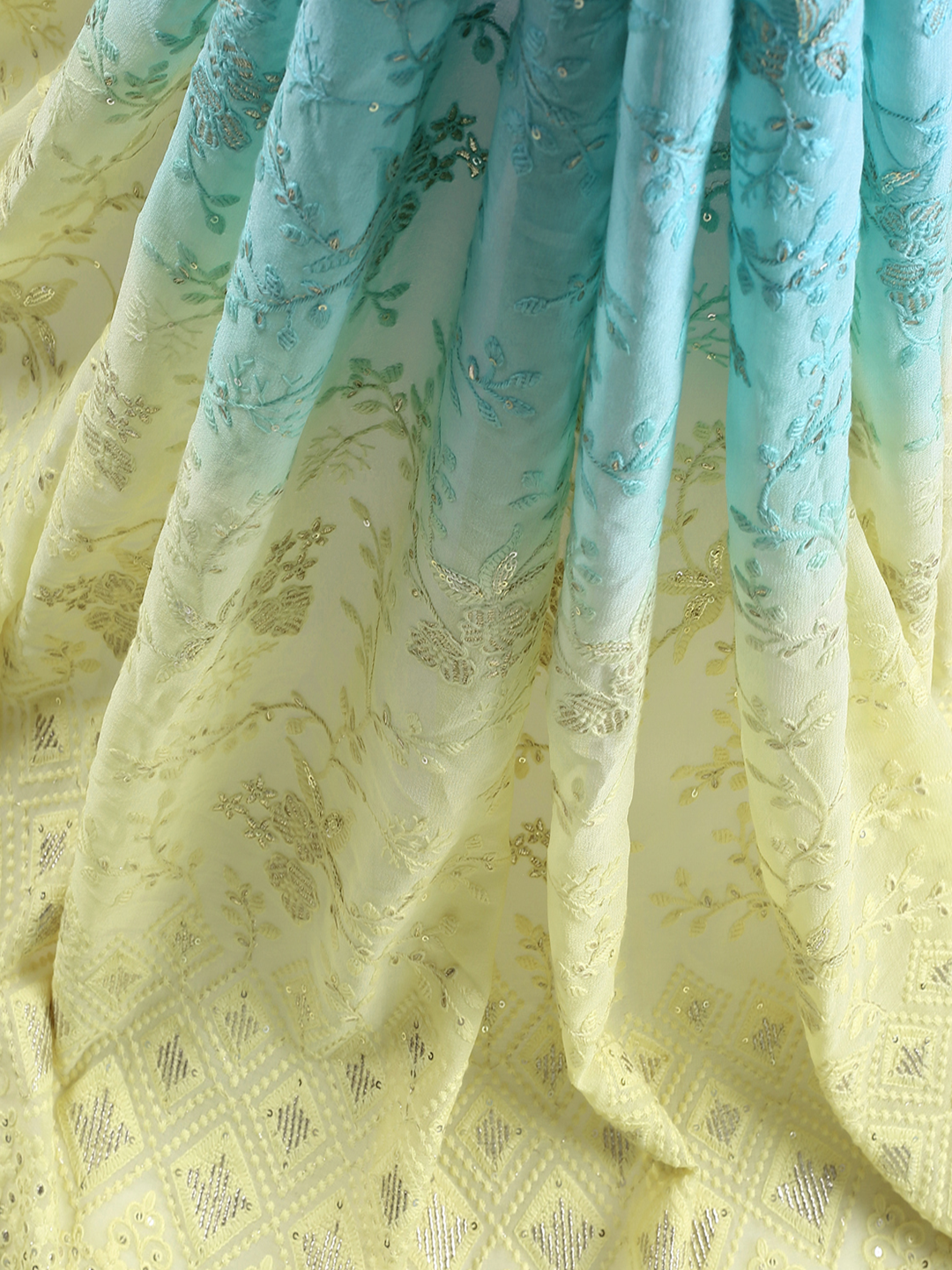 Lemon Yellow & blue Shaded Lucknowi Georgette Fabric With Sequin & Zari Work