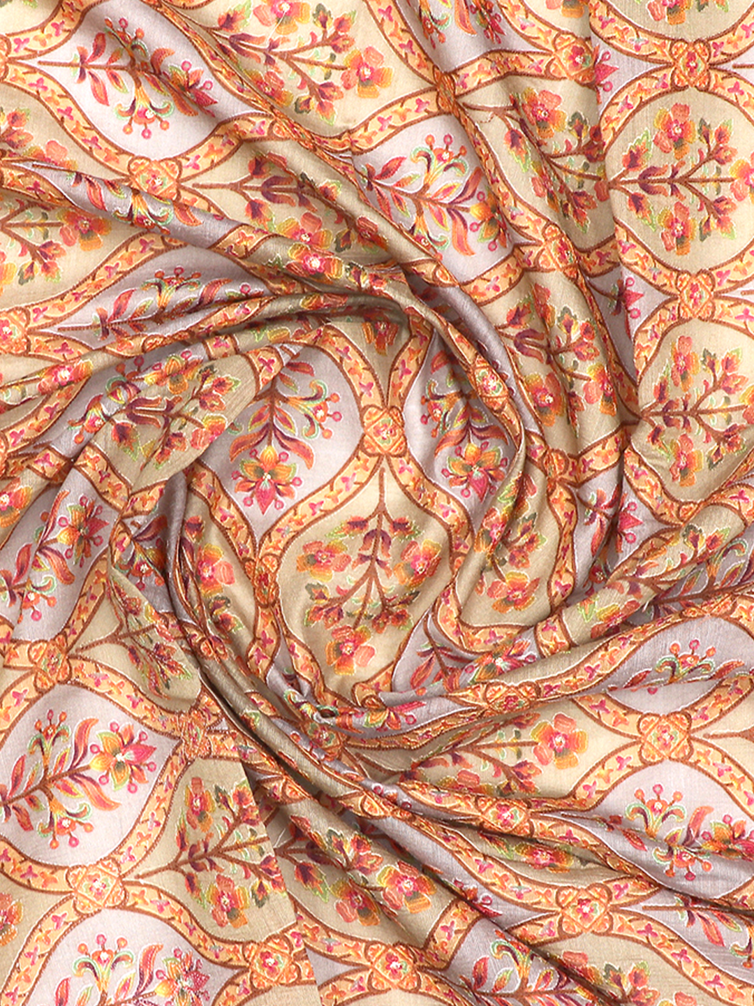 Placement Print On Pure Muga Silk With Thread Embroidery