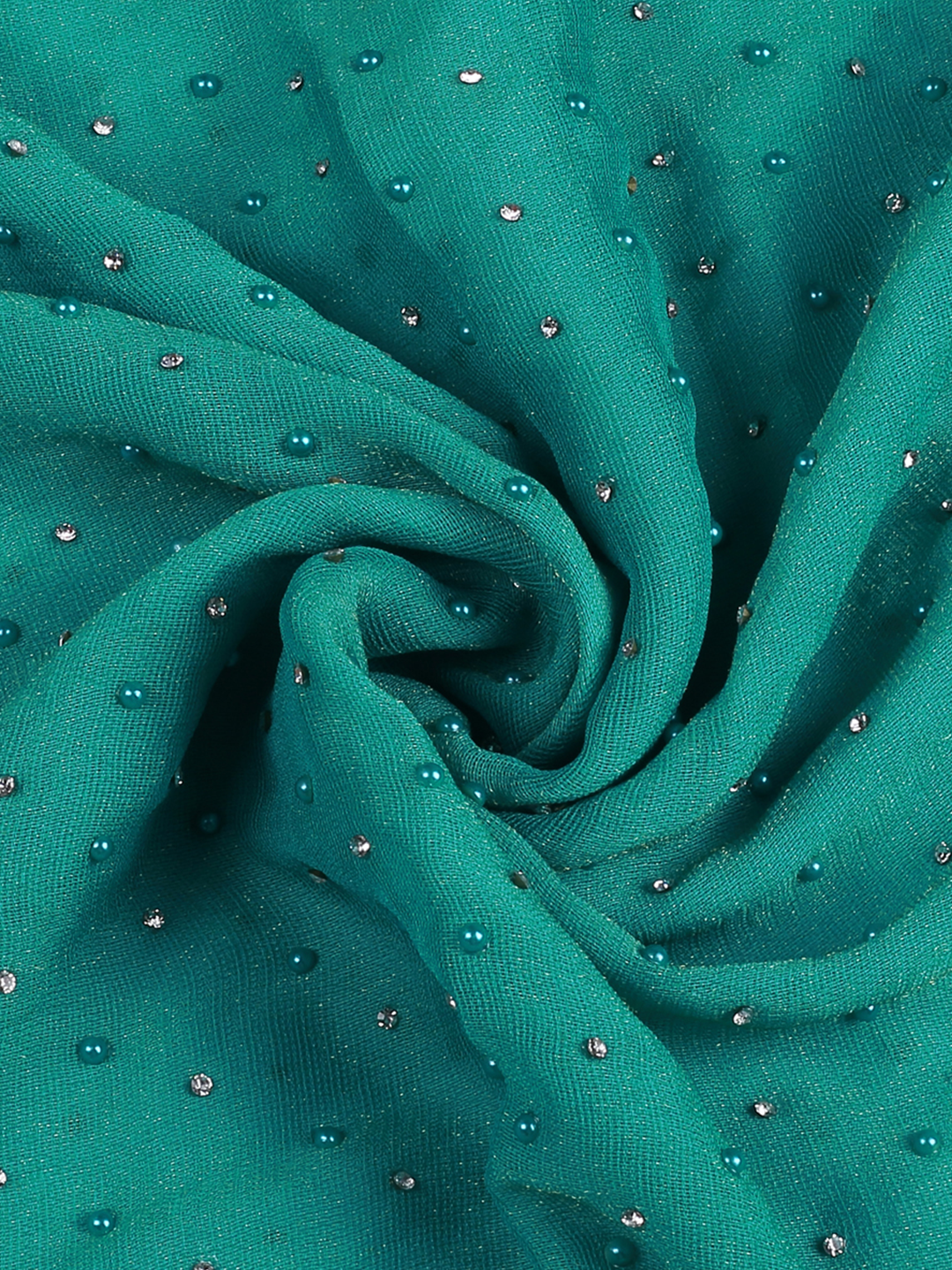 Pine Green Jute Georgette Fabric With Stone & Pearl Work
