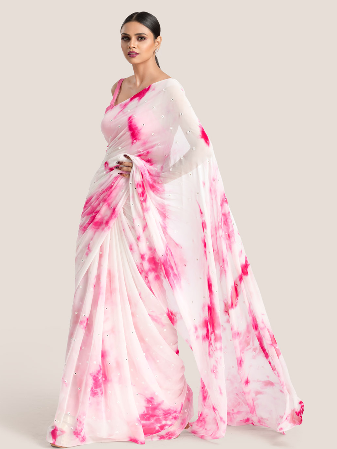 Light Pink Tie-dye Print On Georgette Fabric With Mirror-Work