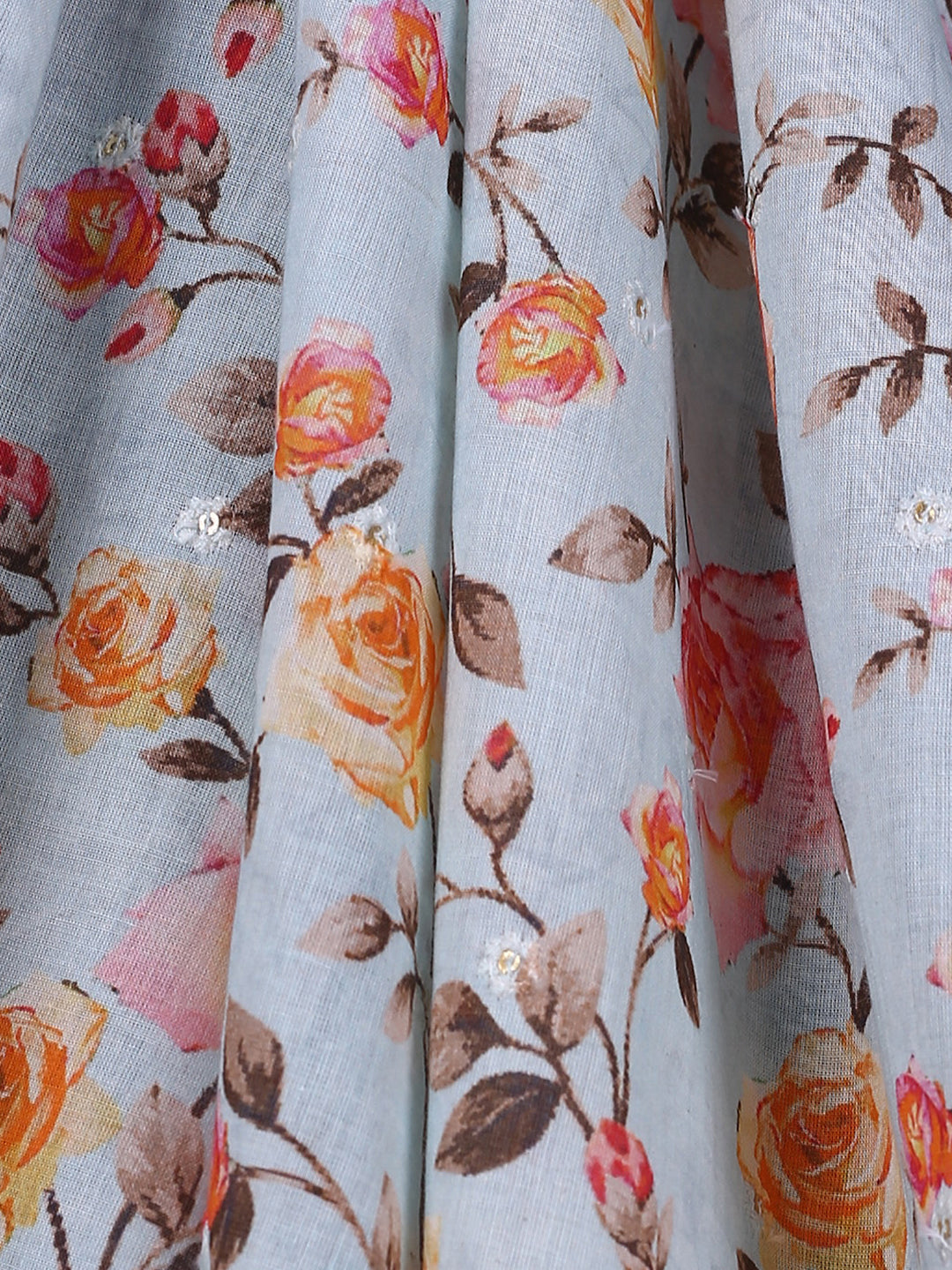 Pastel Blue Floral Pure Mul Mul Fabric With Thread Embroidery