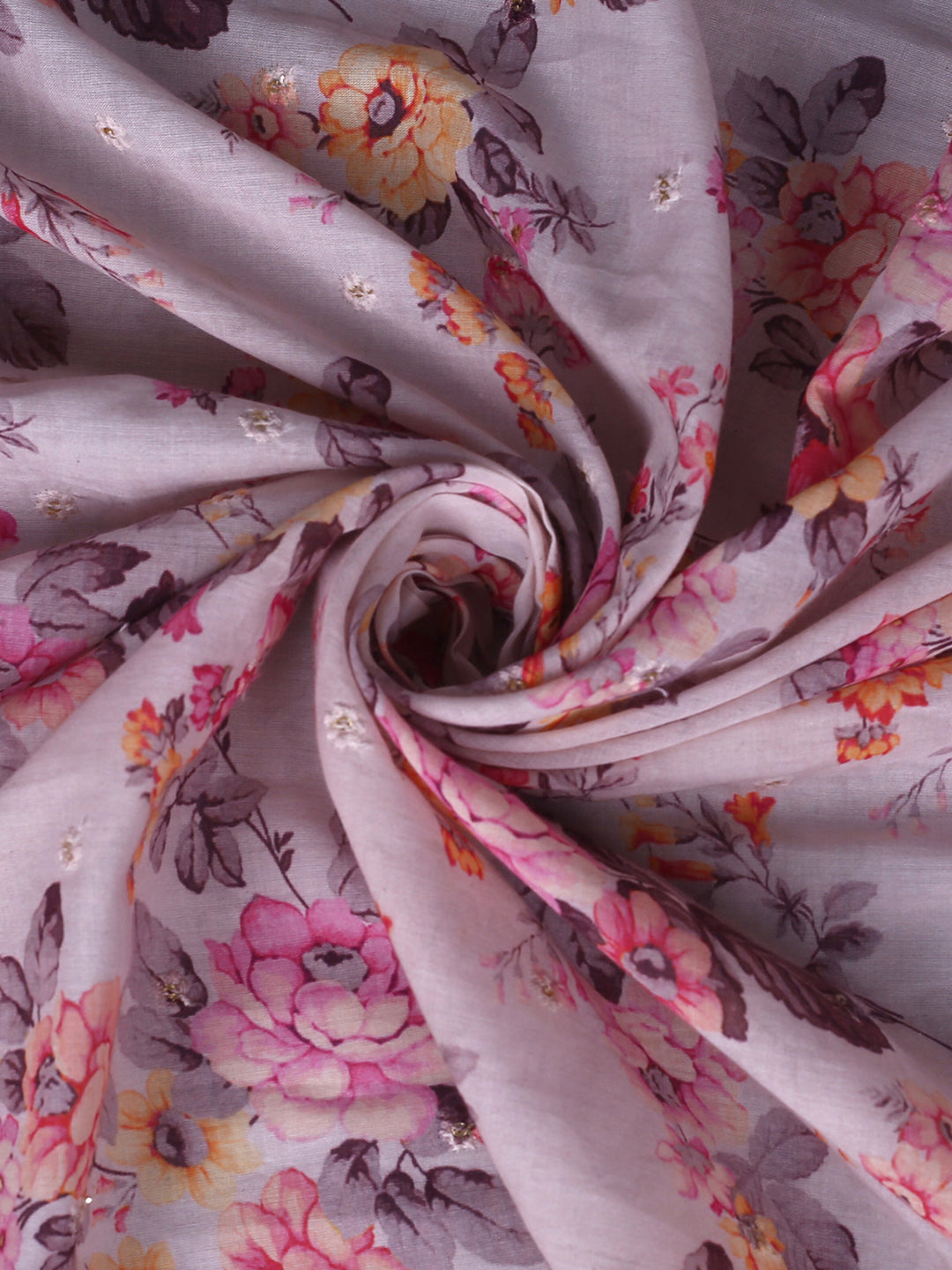 Pink Floral Pure Mul Mul Fabric With Thread Embroidery