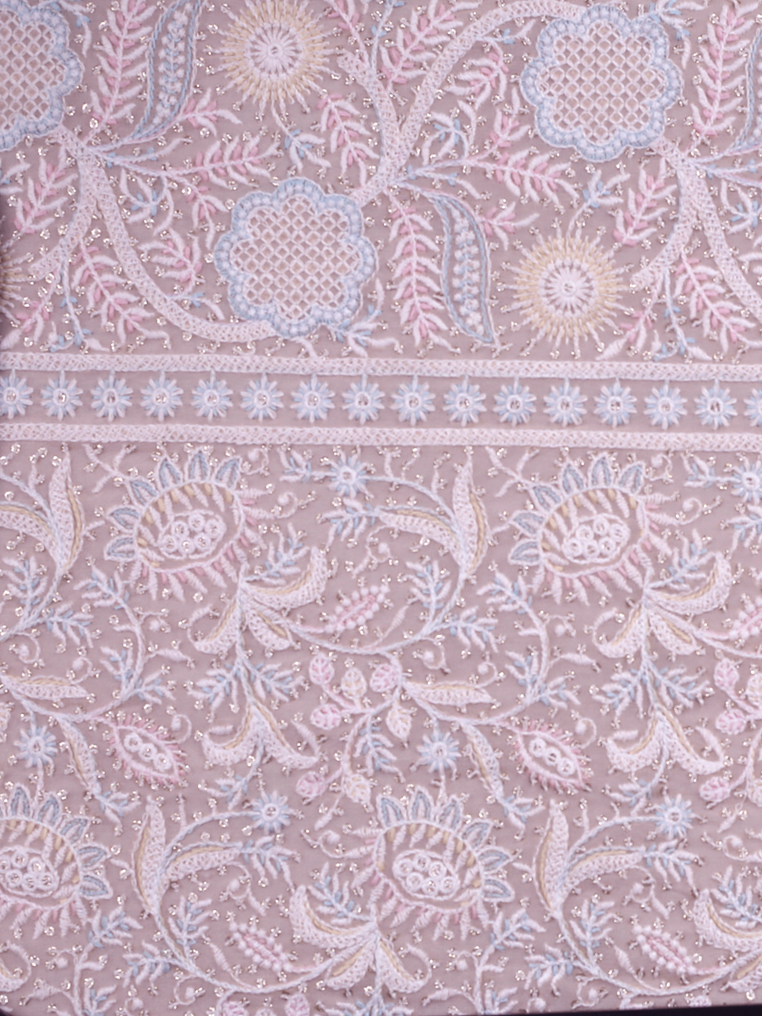 Light Peach Georgette Fabric With Multi Color Thread & Sequins Work