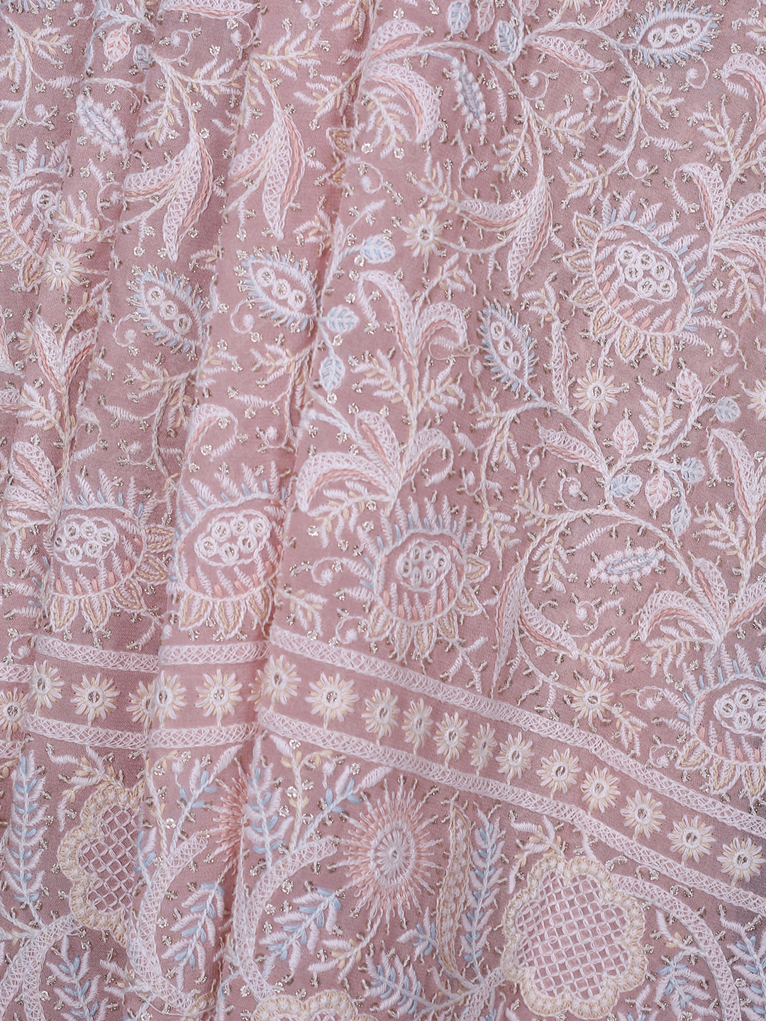 Light Peach Georgette Fabric With Multi Color Thread & Sequins Work