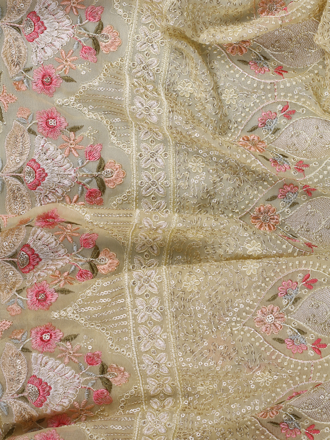 Yellow Lucknowi Embroidered Georgette Fabric With Multi Color Thread & Sequins Work