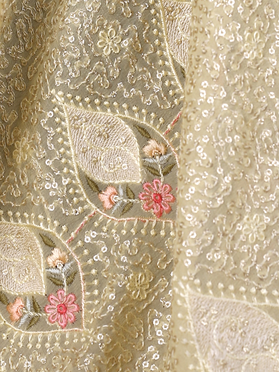 Yellow Lucknowi Embroidered Georgette Fabric With Multi Color Thread & Sequins Work