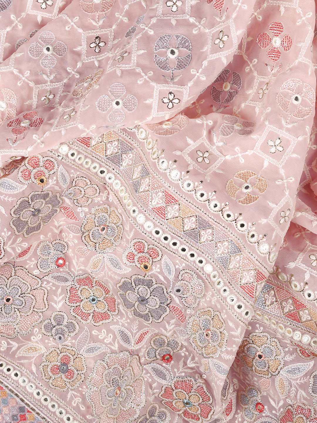Peach Embroidered Georgette Fabric With Multi Color Sequins, Abla & Thread Work