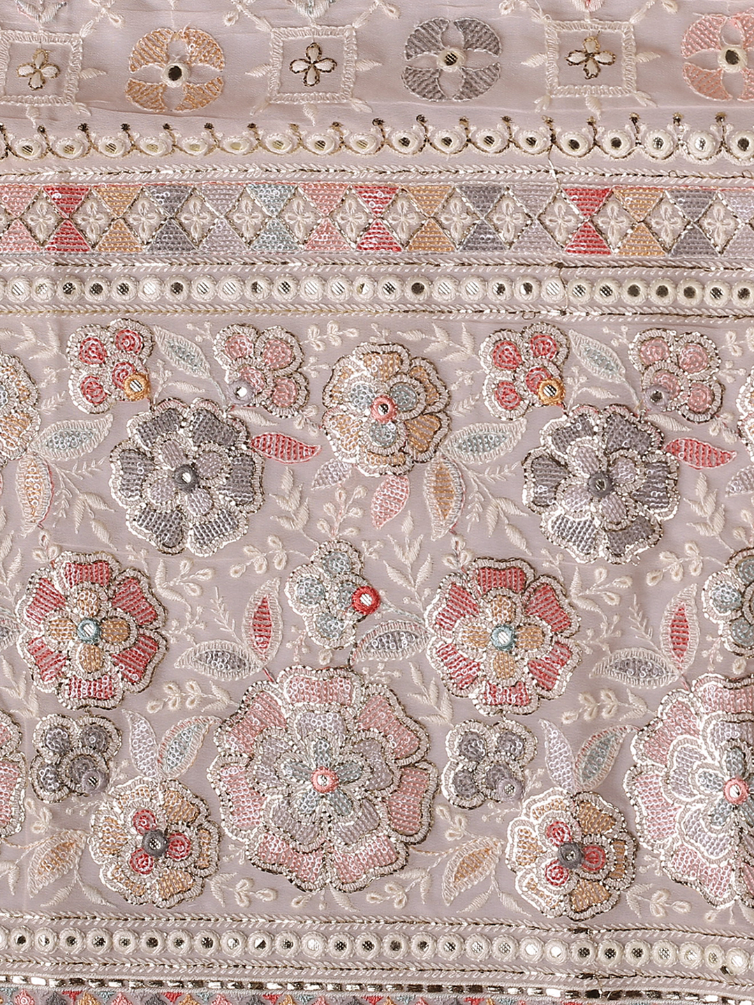 Peach Embroidered Georgette Fabric With Multi Color Sequins, Abla & Thread Work