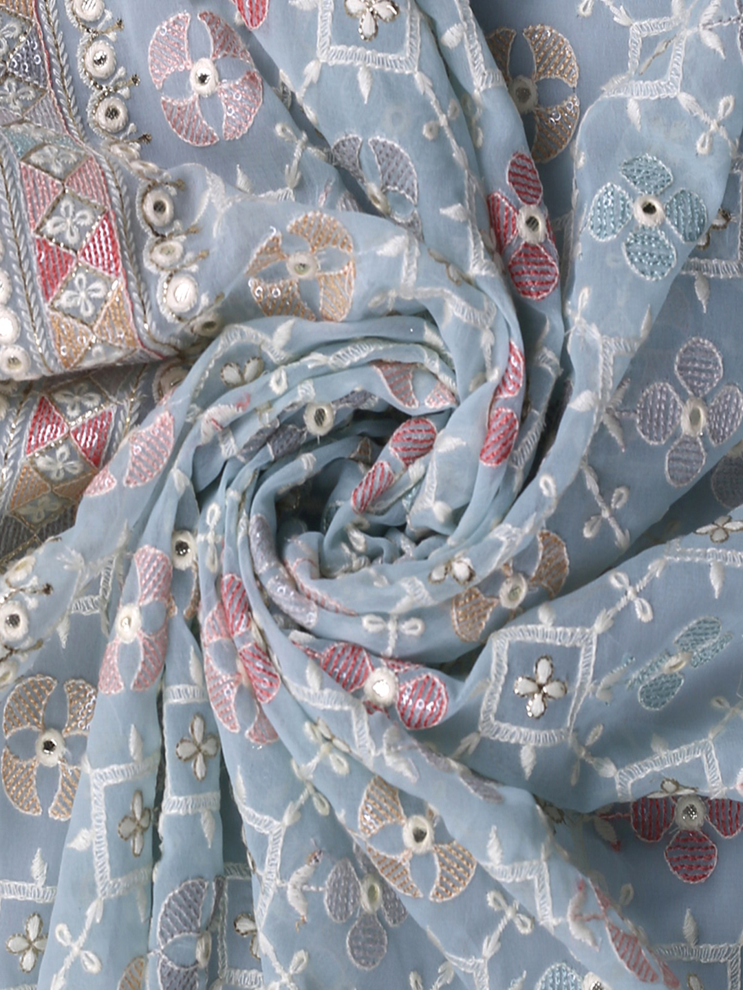 Light Blue Embroidered Georgette Fabric With Multi Color Sequins, Abla, & Thread Work