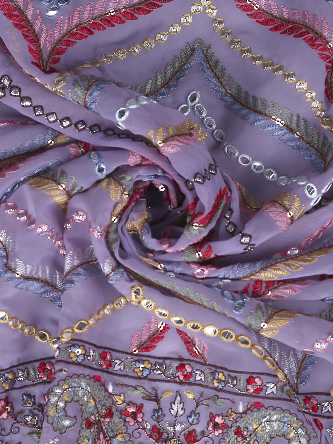 Purple Multi Color Embroidered Georgette Fabric With Thread, Abla & Sequins Work