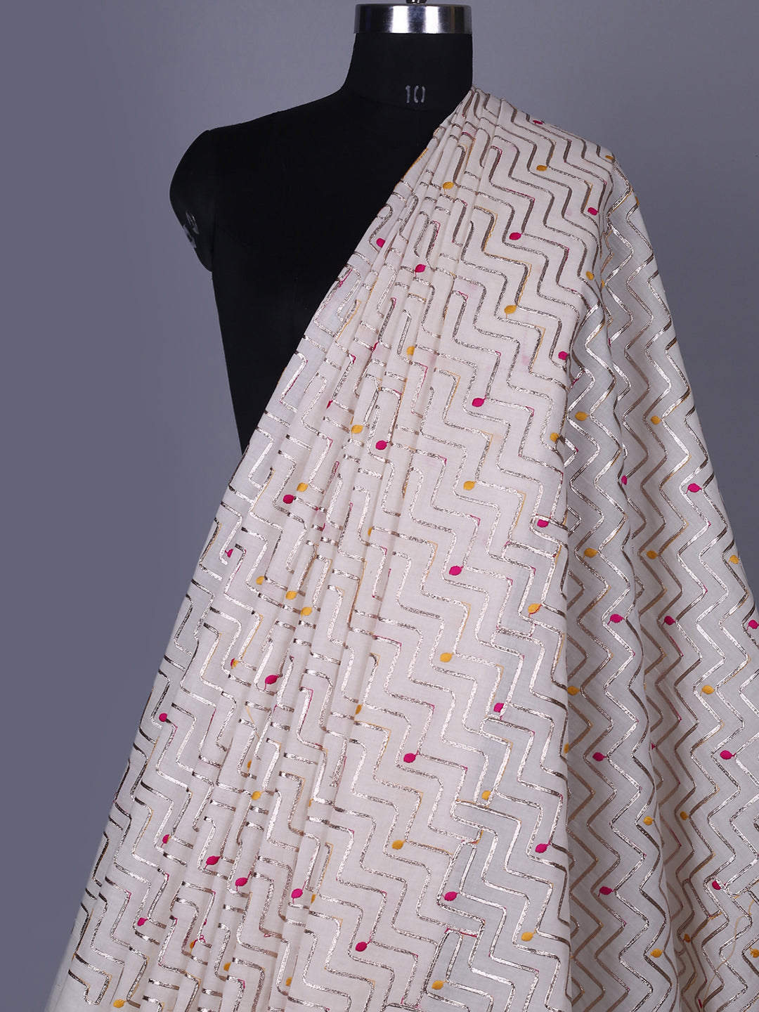 Off White Mul Cotton Fabric With Gota & Thread Embroidery