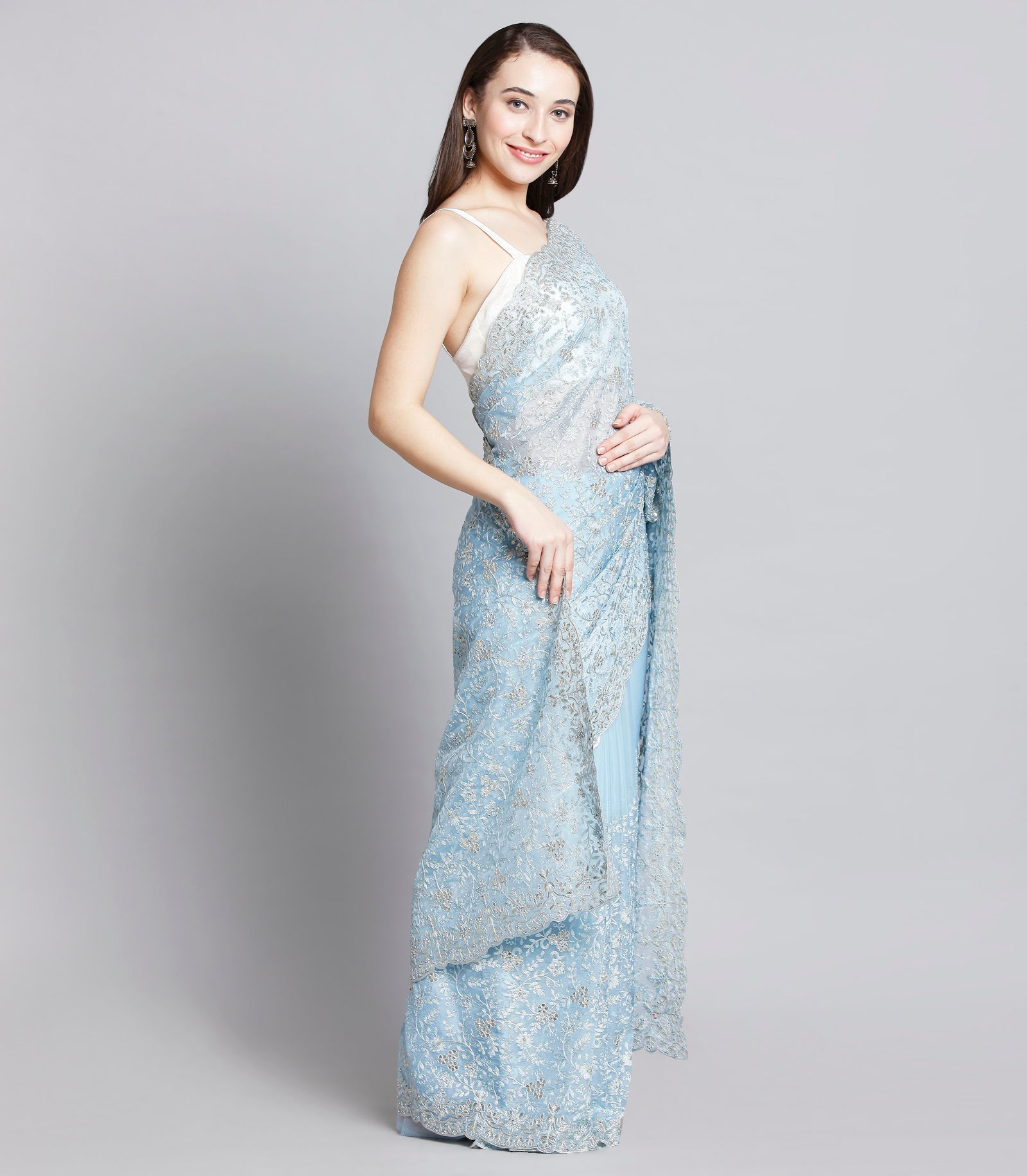 Sky Blue Organza Saree With Floral Embroidery