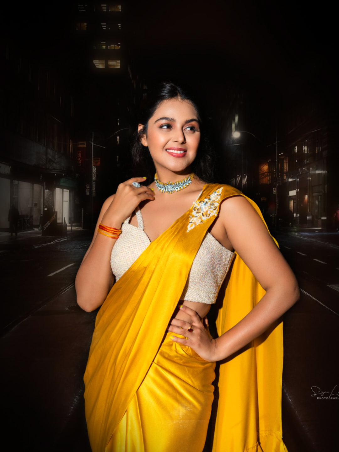 Embellished Back Cut-Out Satin Drape Saree