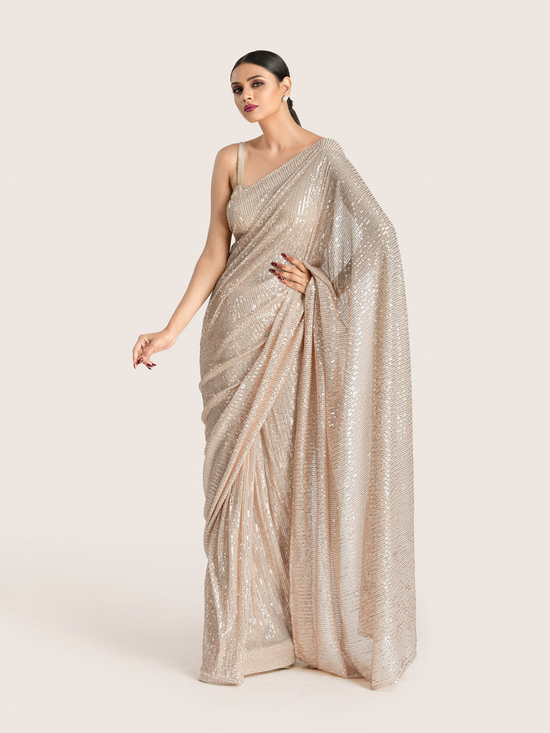 Rose Gold Sequins Saree With Blouse Fabric