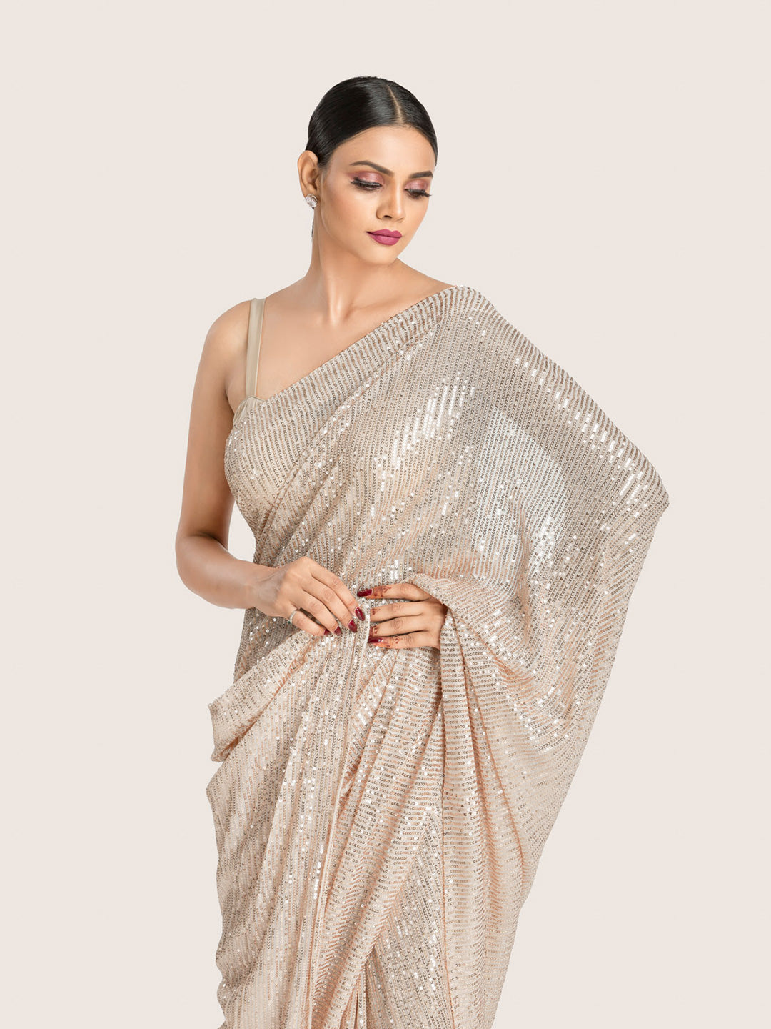 Rose Gold Sequins Saree With Blouse Fabric