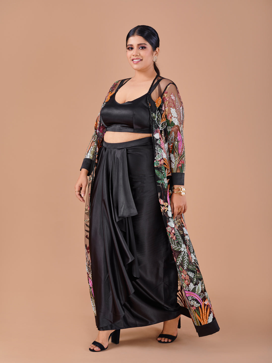 Black Satin Drape Skirt With A Shrug