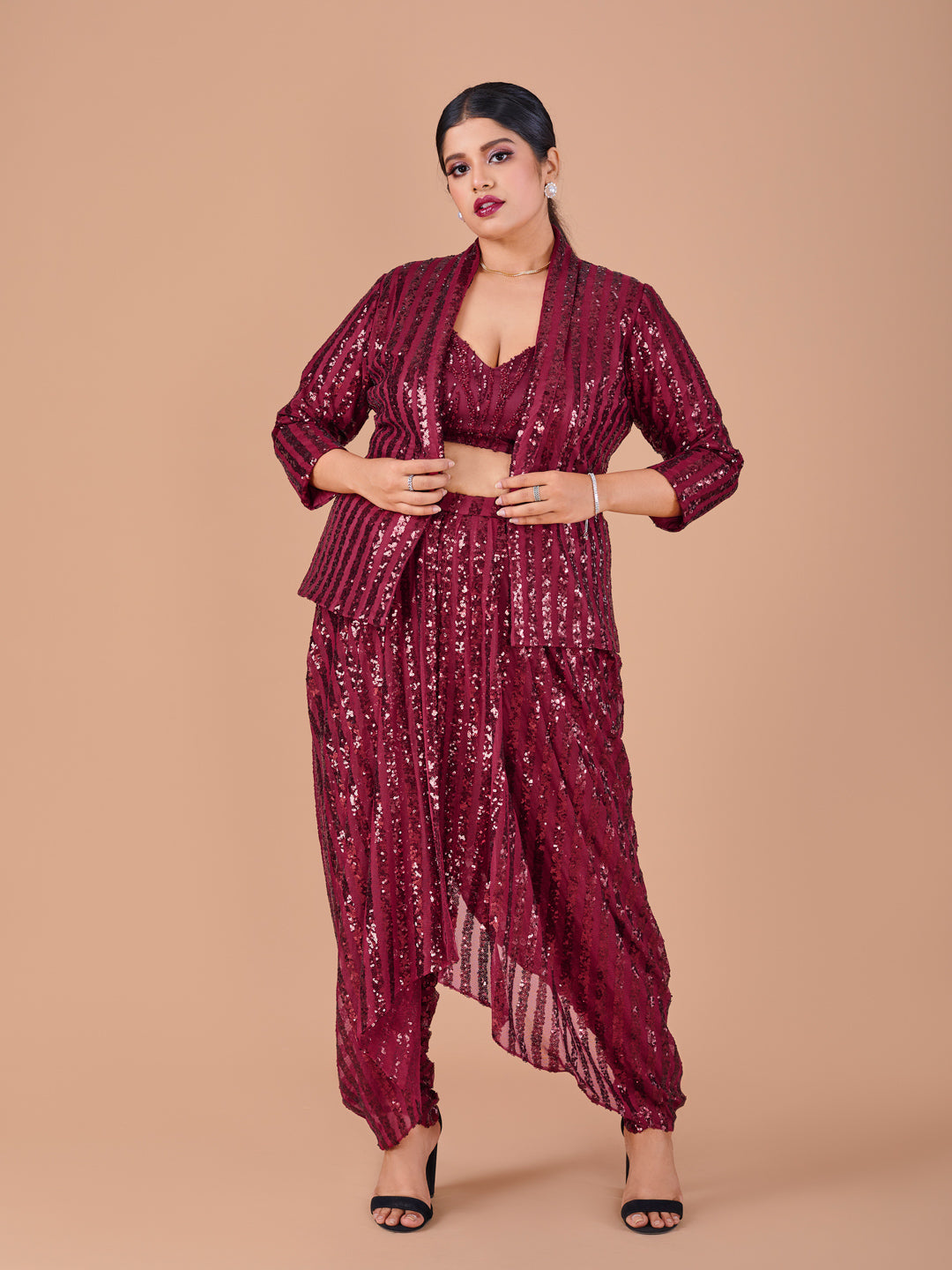 Maroon Striped Sequin Dhoti