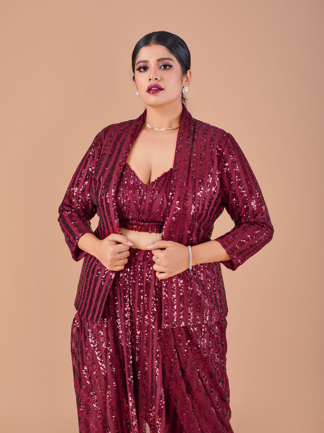 Maroon Striped Sequin Dhoti