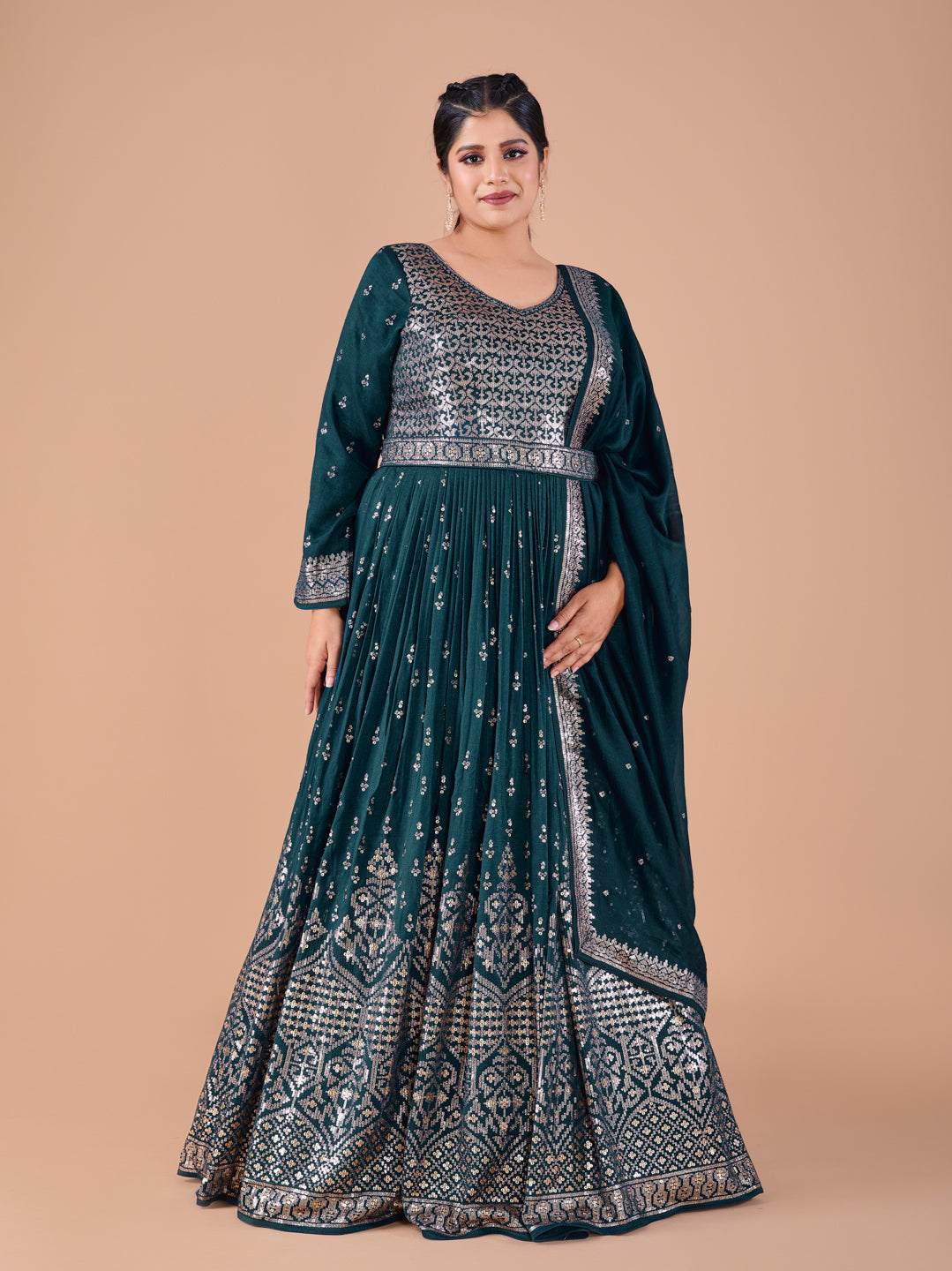 Buy Plus Size Bottle Green Velvet Embroidered Eid Special Anarkali Suit  LSTV111540