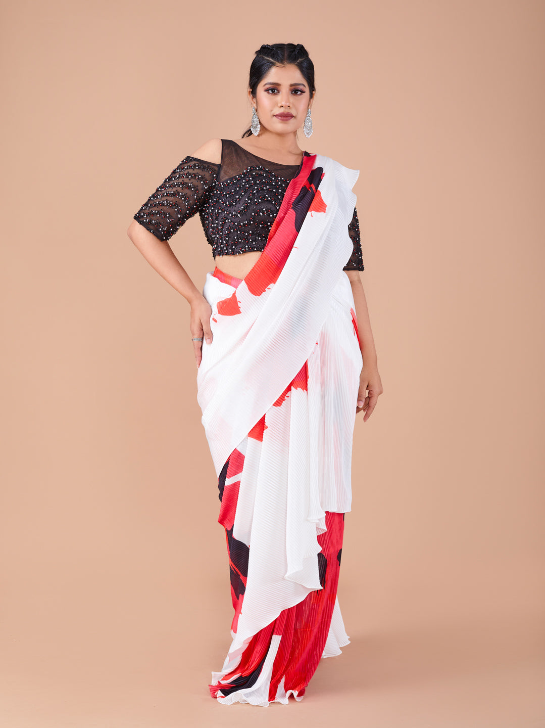 Red, White & Black Pleated Satin Saree