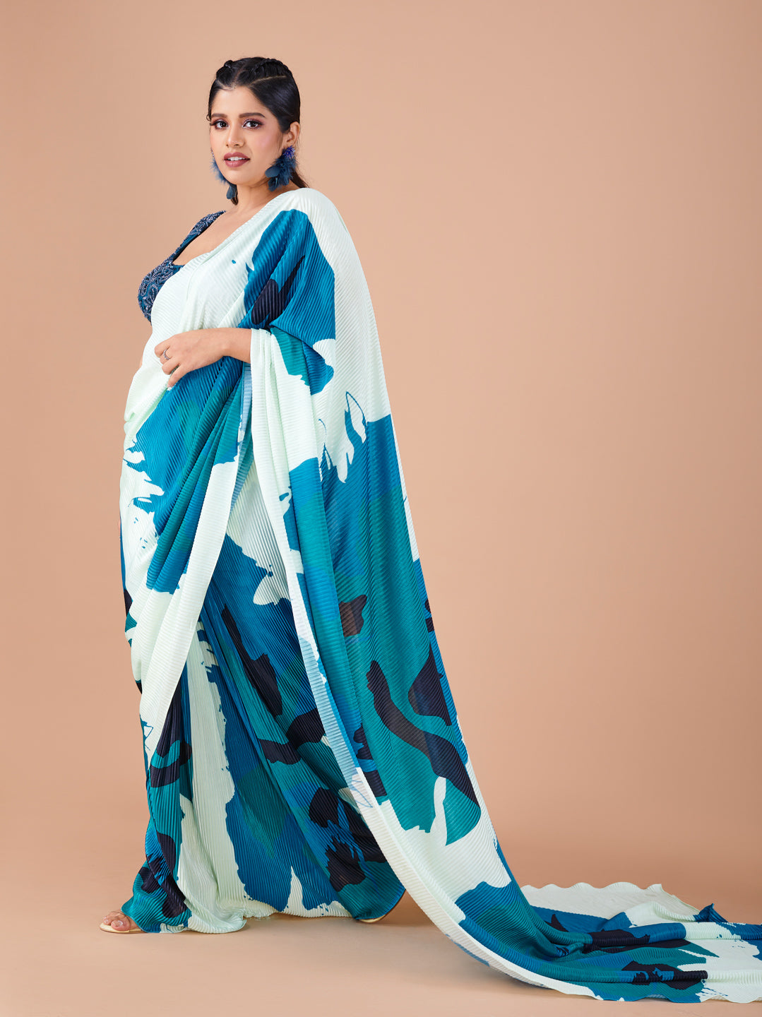 Blue & Green Abstract Printed Satin