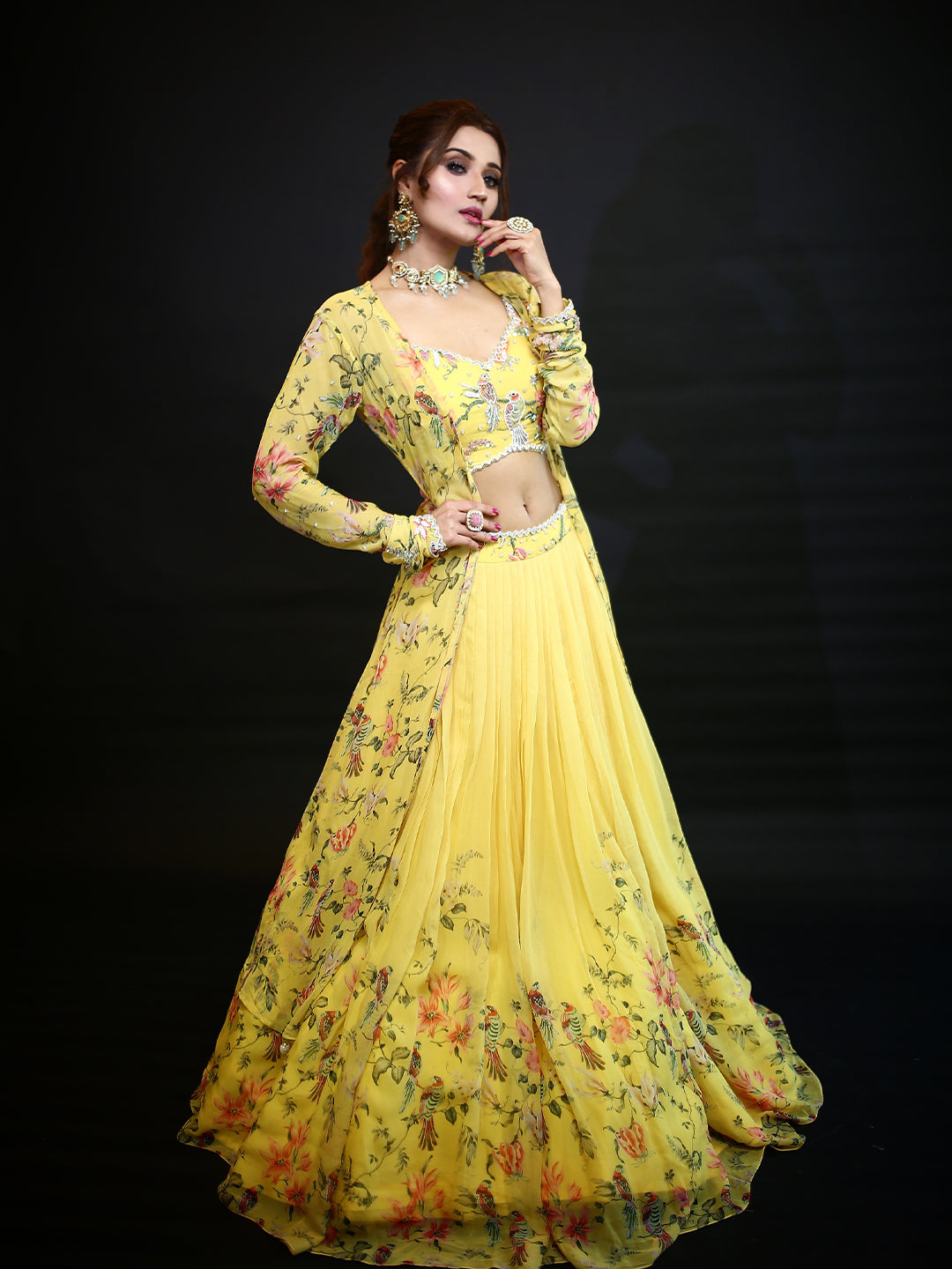 Yellow Plated Lehenga With A Printed Top