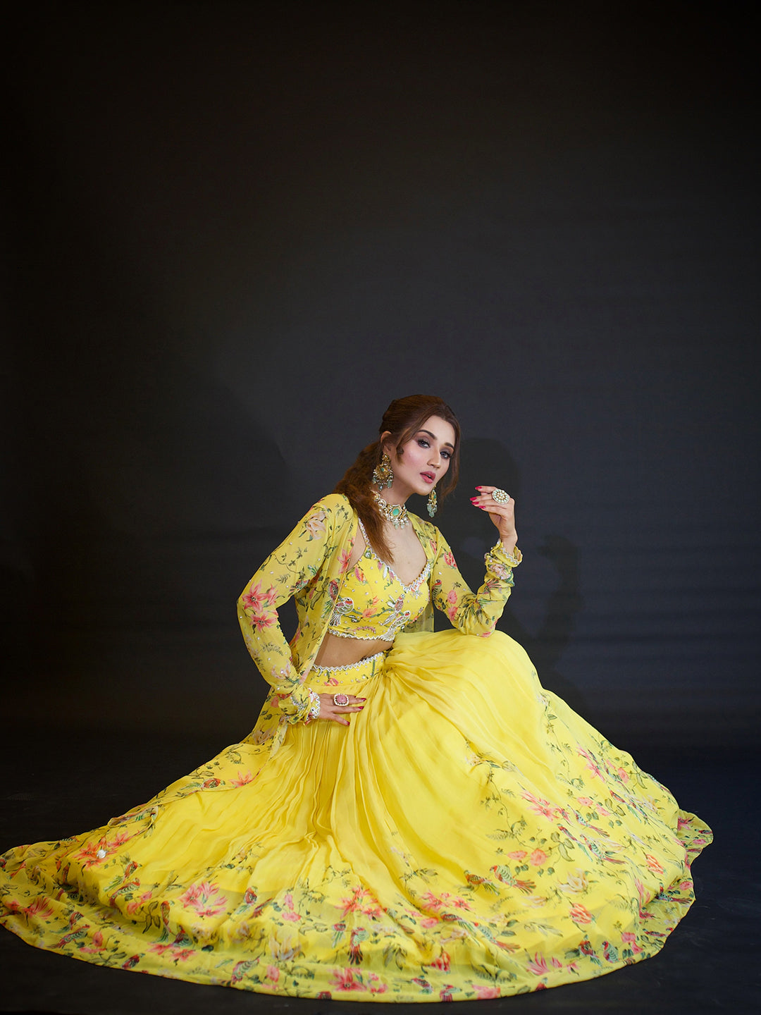 Yellow Plated Lehenga With A Printed Top