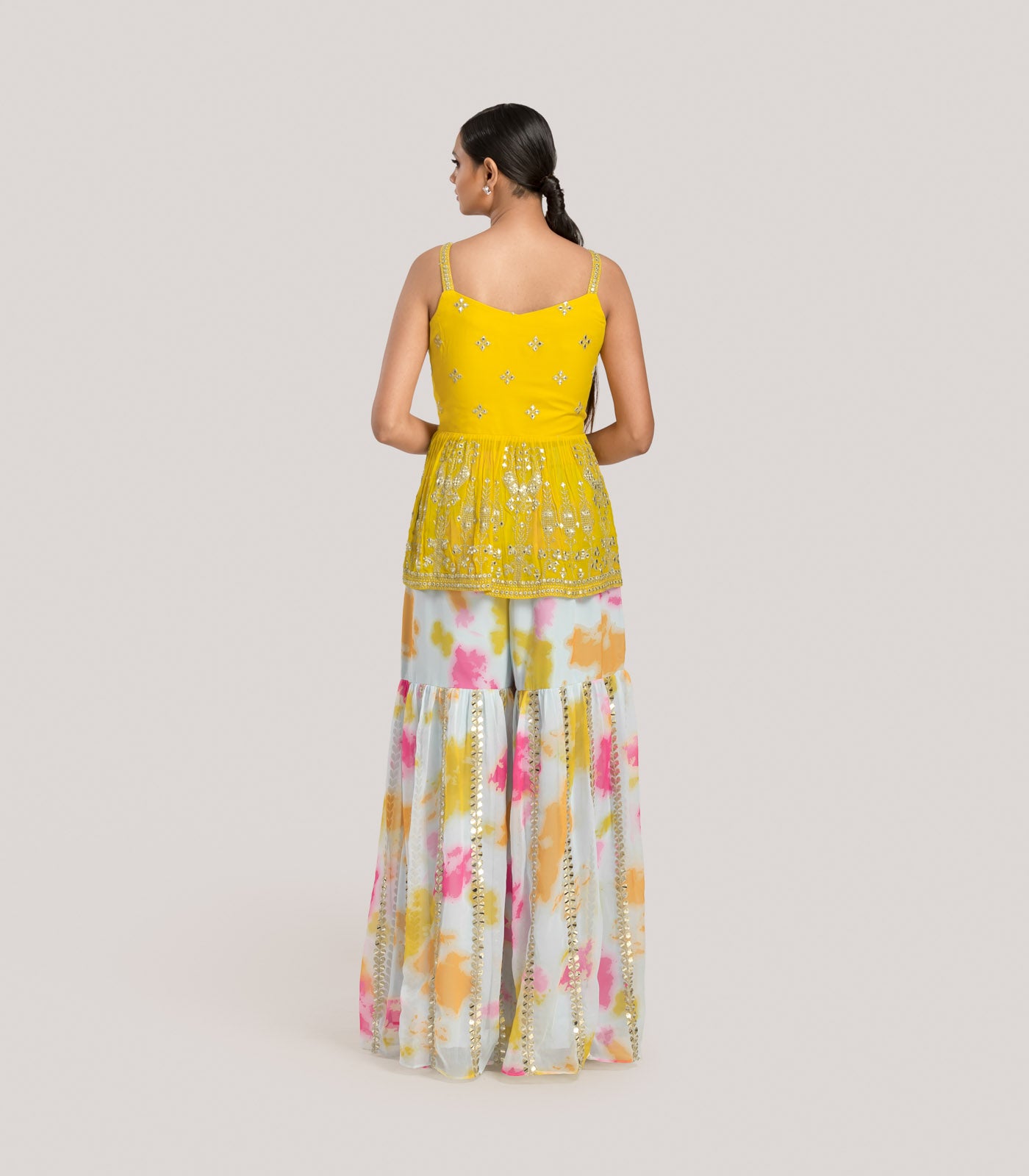Yellow Georgette Embroidered Peplum Style Sharara Set