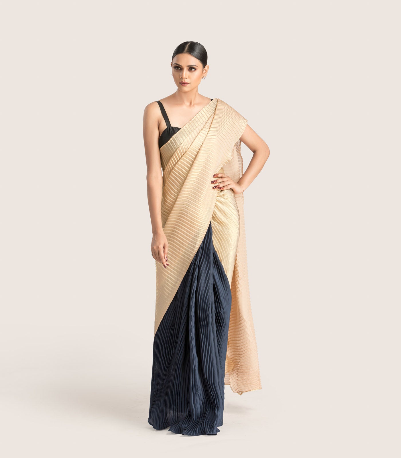 Navy Blue & Light Gold Half & Half Pleated Satin Georgette Saree With Blouse Fabric